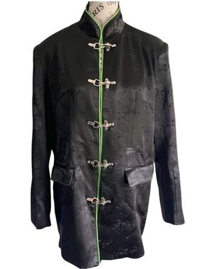 Black Green Satin Mandarin Collar Jacket Military Napoleon Asian Y2K Goth